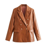 Women Leather Jacket Autumn Suit Metal Double Breasted Pocket Long Sleeve Pu Jacket