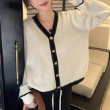 Women Knitwear Autumn Winter Retro Contrast Color V-neck Sweater Loose Knitted Cardigan