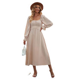 Women Dress Square Collar Long Sleeve Dress