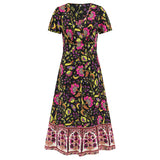 Women Date Dress Floral Dress Short Sleeve V-neck Bohemian A- line Skirt