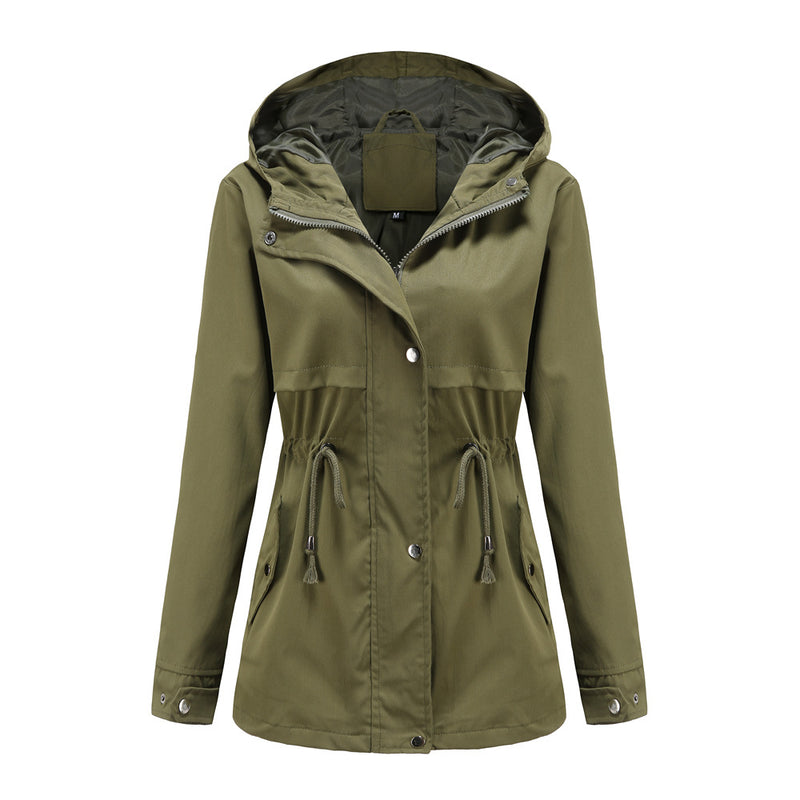 Women Trench Coat Raincoat Mid-Length Coat Hooded Thin Trench Coat