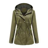 Women Trench Coat Mid-Length Hooded Jacket Long-Sleeved Raincoat