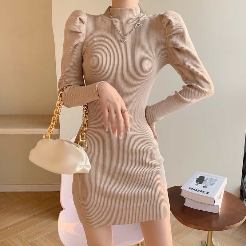 Women Maxi Dress Autumn and Winter Puff Sleeve Knitted Dress