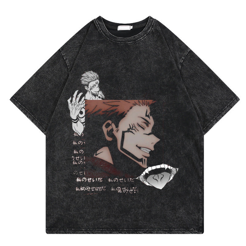 Washed retro T-shirt street print casual cotton summer short sleeves