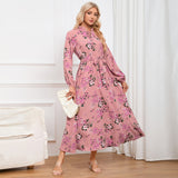 Women Date Dress Autumn Long Sleeve Lace Stand Collar Belt Long Dress