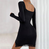 Women Dress Spring/Summer Lace Trim Long Sleeve Sexy Hip Knitwear Dress