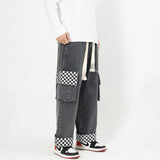 Men Jeans Retro Worn Jeans Multi-Pocket Work Pants Cropped Pants