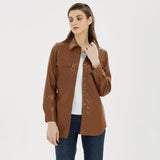 Women Leather Jacket Lapel Belt Decorative Brown Waist Brown Leather Coat Top