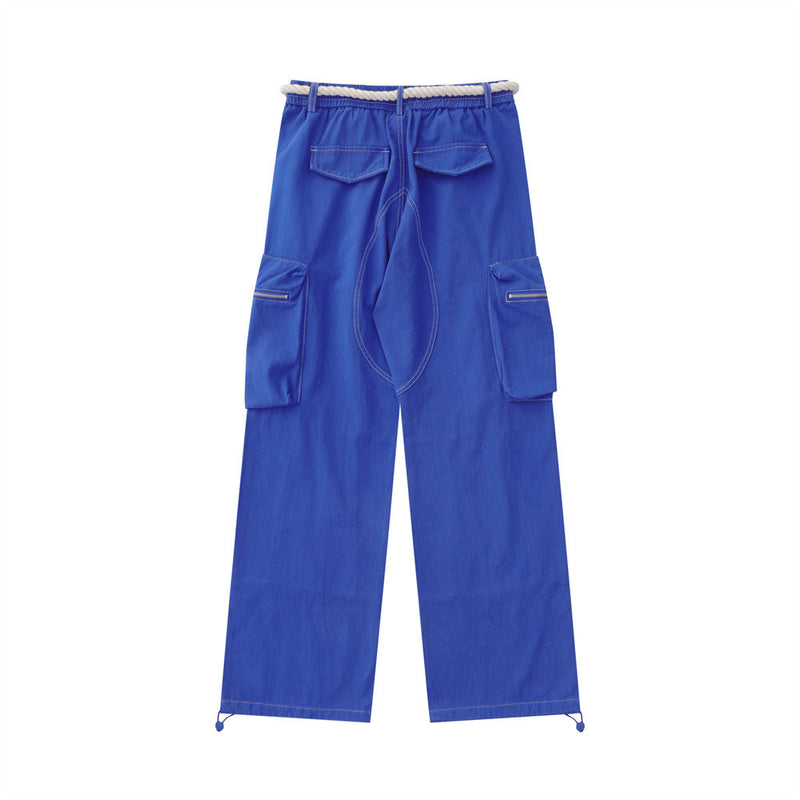 Men Sweatpants Multi-Pocket Denim Trousers Straight Pants Drawstring Jogger Pants