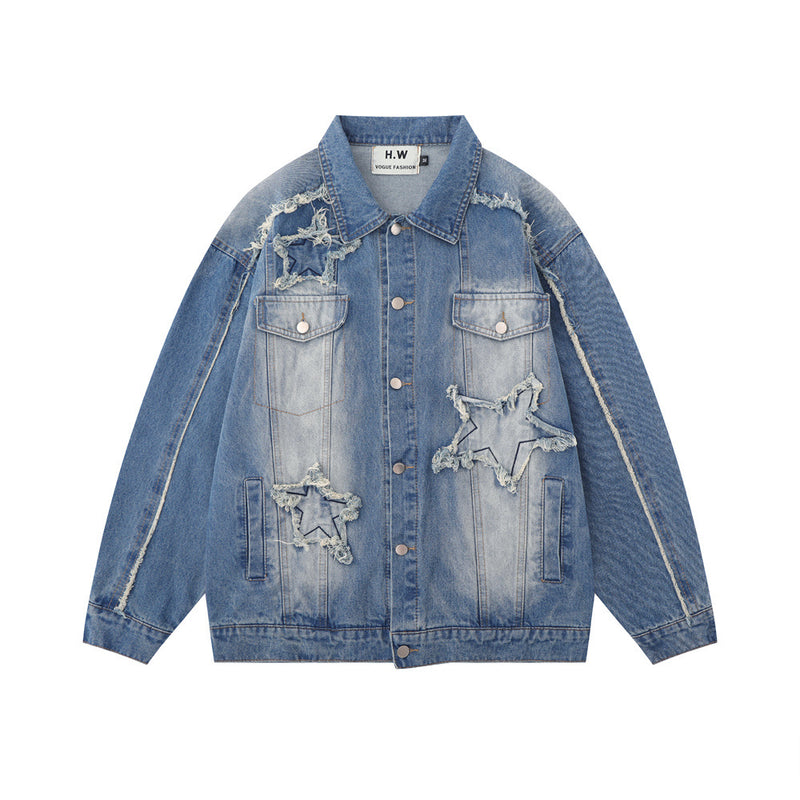 Men Jacket Coat Denim Jacket Men's Five-Pointed Star Affixed Cloth Embroidered Overalls