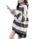 Women Knitwear Autumn and Winter Turtleneck Striped Sweater Loose Sweater