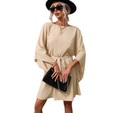 Women Dress round Neck Elastic Waistband Short Skirt Long Sleeve Dress