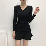 Women Dresses Pink V-neck Dress Long Sleeve Short Dress