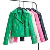 Women Leather Jacket Autumn and Winter Suit Collar Short Poly Urethane Leather Biker's Leather Jacket