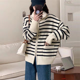 Women Knitwear Autumn and Winter Striped Lapel Double Zipper Sweater Coat Knitted Cardigan