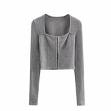 Women Sweater Knitwear Vintage Sexy Low Square Collar Long Sleeve Top Skinny Knit Cardigan Coat