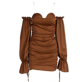 Women Dresses Autumn Winter Sexy off-the-Shoulder Lantern Sleeve Ruffle Hip Dress (Bla0420)
