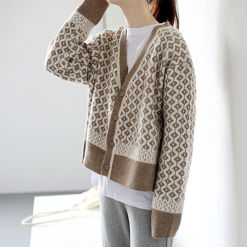 Women Knitted Cardigan Vintage Autumn and Winter Knitting Cardigan V-neck Baggy Coat Sweater