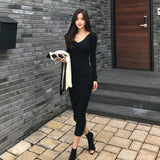 Women Maxi Dress Sexy V-neck Long Sleeve Knitted Dress