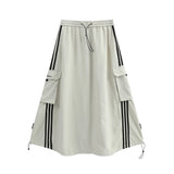 Women Long Skirt High Waist Side Striped Casual Sports Midi Dress