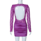 Women Dresses Winter Sexy Lace Backless Long Sleeves Sheath Dress
