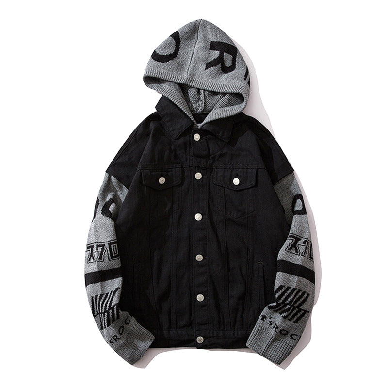 Men Jacket Coat Denim Jacket Men's Spring and Autumn Loose Long Sleeve Stitching Hooded
