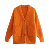 Women Sweater Knitwear Winter Pocket Decoration Thick Mid-Length Knitted Cardigan Jacket