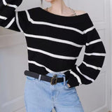 Women Knitted Sweater Loose Outer Wear Long Sleeve Sweater Crew Neck Striped Sexy Shoulder-Baring Sweater