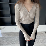 Women Cardigan Sweater Autumn Cardigan Coat V-neck Collarbone Knitted Sweater 8t8216