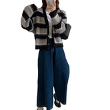 Women Knitwear Autumn and Winter Striped V-neck Napping Sweater Loose Knitted Cardigan