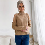 Women Knitted Sweater Turtleneck Solid Color Long Sleeve Twist off-Shoulder Sweater