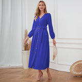 Women Date Dress Single-Breasted Cardigan Skirt V-neck Bubble Long Sleeve Dress