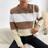 Women Knitted Sweater Autumn Leisure Color Block Long Sleeve Crew Neck Sweater