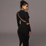 Women Dresses Winter Sexy Cutout Back Slit Long Sleeve Dress