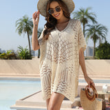 Women Knit Beach Cover Knitted Hollow out Sun Protection Shirt Beach Sun Protection Clothing