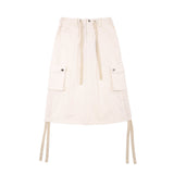 Women Long Skirt Ribbon Drawstring Suit Skirt Multi-Pocket Mid-Length A- line Skirt