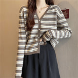 Women Knitwear Autumn Winter Retro Striped V-neck Sweaters Cardigan