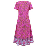 Women Date Dress Floral Dress Short Sleeve V-neck Bohemian A- line Skirt