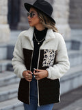 Women Trench Coat Casual Plush Women's Long Sleeve Loose round Neck Stitching Zipper Animal Pattern Double-Sided Fleece Jacket