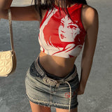 Women T-shirt Summer round Neck Pullover Sleeveless Portrait Top Vest
