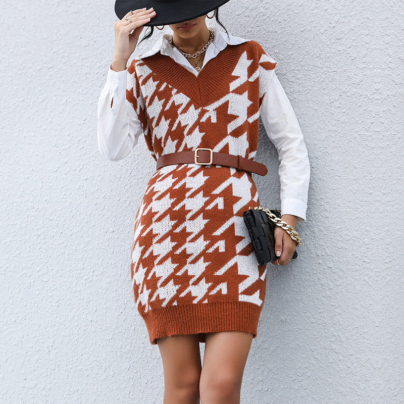 Women Knitted Sweater Casual Long Sleeve Houndstooth Fall/Winter Sweater Dress