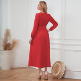 Women Date Dress Single-Breasted Cardigan Skirt V-neck Bubble Long Sleeve Dress