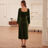 Women Dress Autumn Winter Retro Slim Fit Square Collar Long Sleeve Velvet Dress