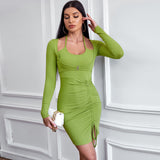 Women Dress Slim Fit Hip Skirt Knitted Long Sleeve Short Dress Mini Dress