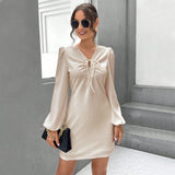 Women Dress Long Sleeve V-neck Hollow A- line Skirt Dress
