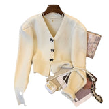 Women Knitted Cardigan Bow Button V-neck Knitted Cardigan Short Autumn and Winter Sweater