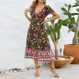 Women Date Dress Floral Dress Short Sleeve V-neck Bohemian A- line Skirt