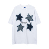 Men T Shirt Pentagram Denim Affixed Cloth Embroidered Short Sleeve T-shirt