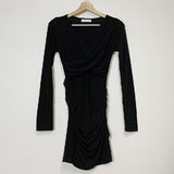 Women Dresses Brown V-neck Pleated Cross Dress Hip Skirt Long Sleeve Short Dress