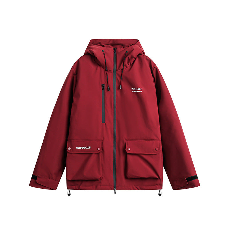 Unisex Winter Cotton Coat Winter Pocket Decoration Hooded down Jacket Retro Workwear down Jacket